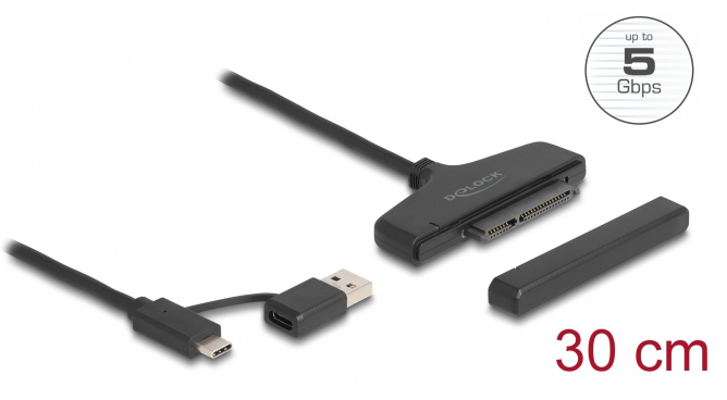 DELOCK καλώδιο σύνδεσης HDD/SSD 61042, USB/USB-C σε SATA, 6Gbps, μαύρο