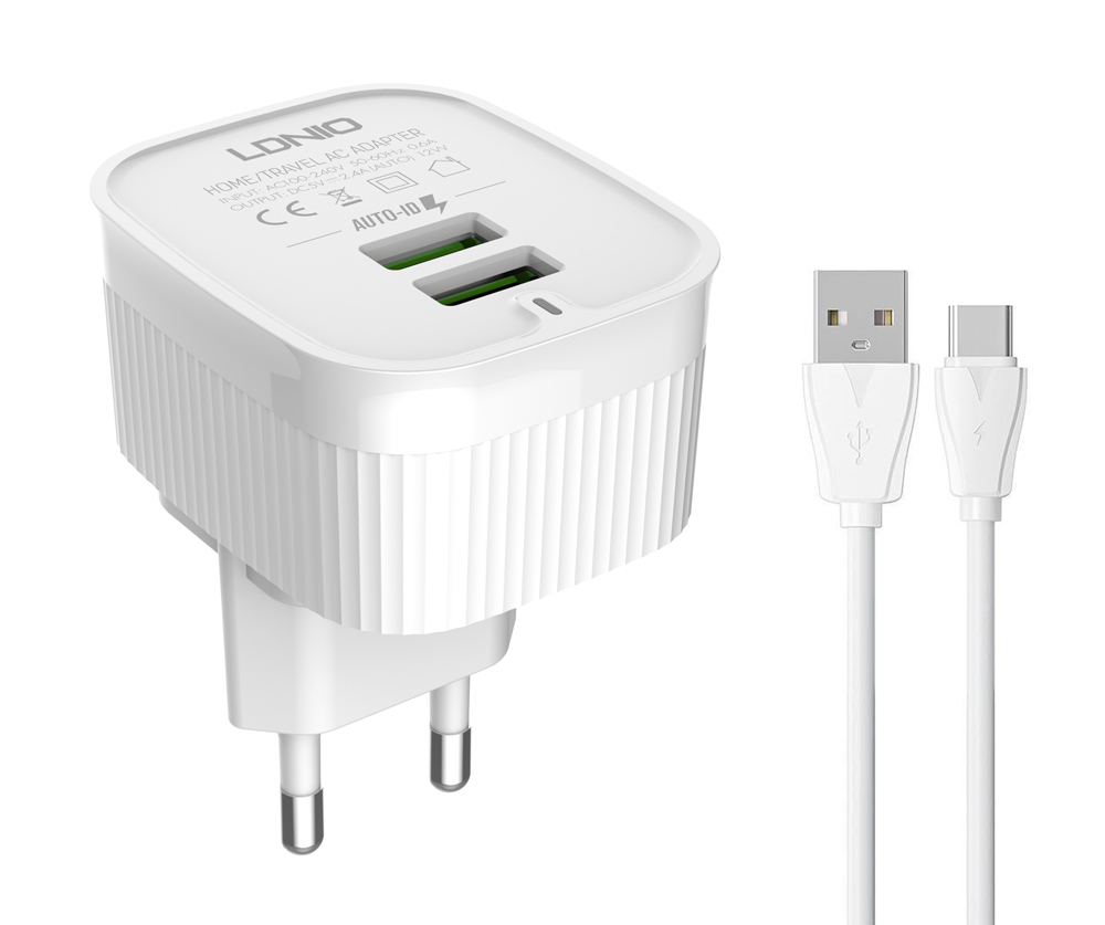 LDNIO φορτιστής τοίχου A201 με καλώδιο USB-C, 2x USB, 12W, λευκός