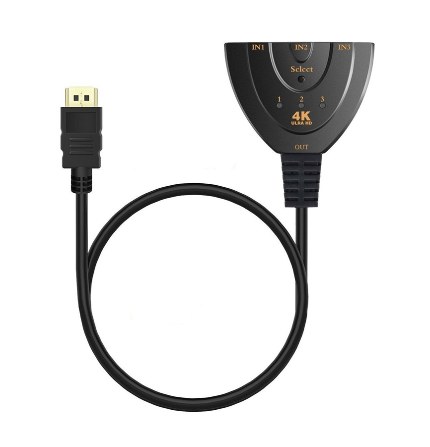 POWERTECH HDMI Switch 3×1 pigtail, 4K x 2K & 3D, 0.50m, Black