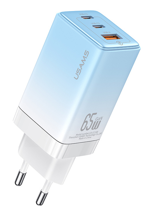 USAMS φορτιστής τοίχου US-CC180, USB & 2x USB-C, 65W PD, GaN, μπλε
