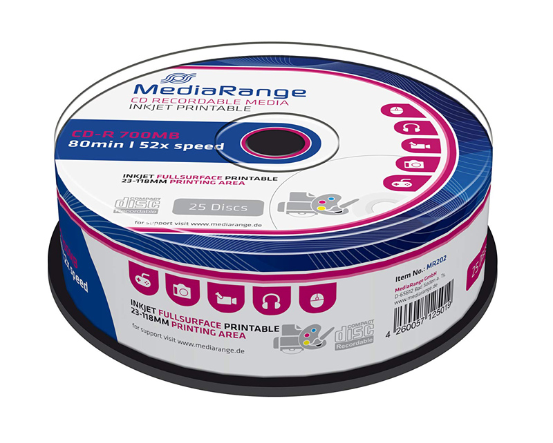 MEDIARANGE CD-R 52x 700MB, inkjet FF printable, cake box, 25τμχ