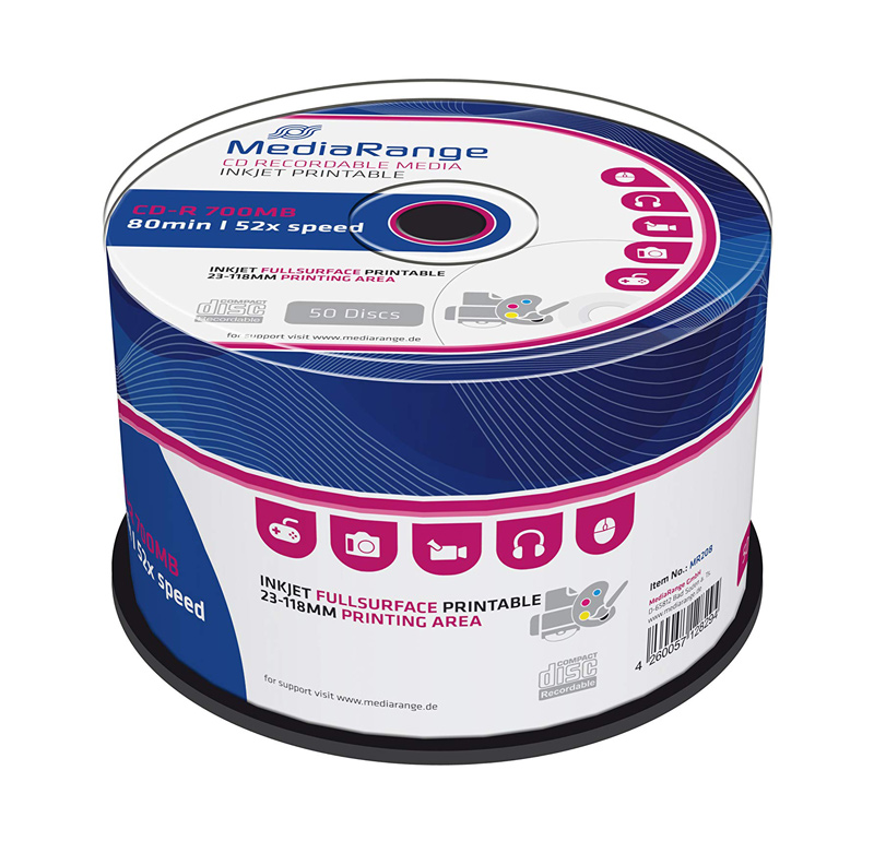 MEDIARANGE CD-R 52x 700MB, inkjet FF printable, cake box, 50τμχ