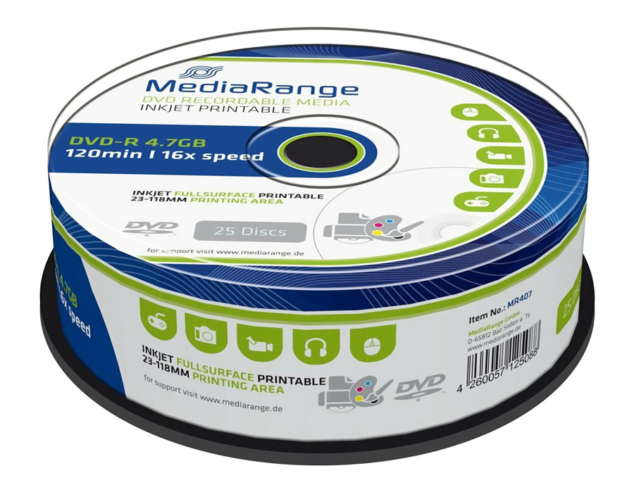 MEDIARANGE DVD-R 4.7GB 16x, inkjet FF print, cake box, 25τμχ